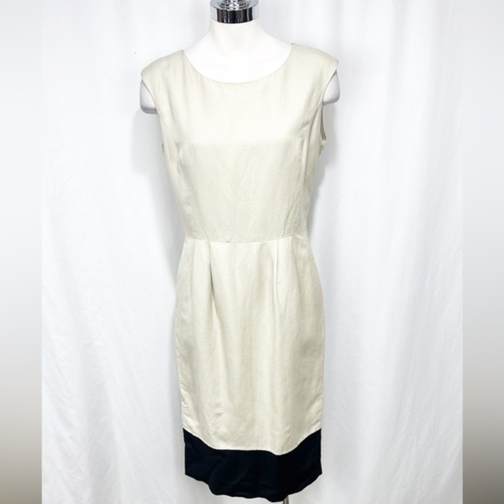 Calvin Klein Colorblock Sheath Dress Tan Beige w Black Trim Linen Blend size 6